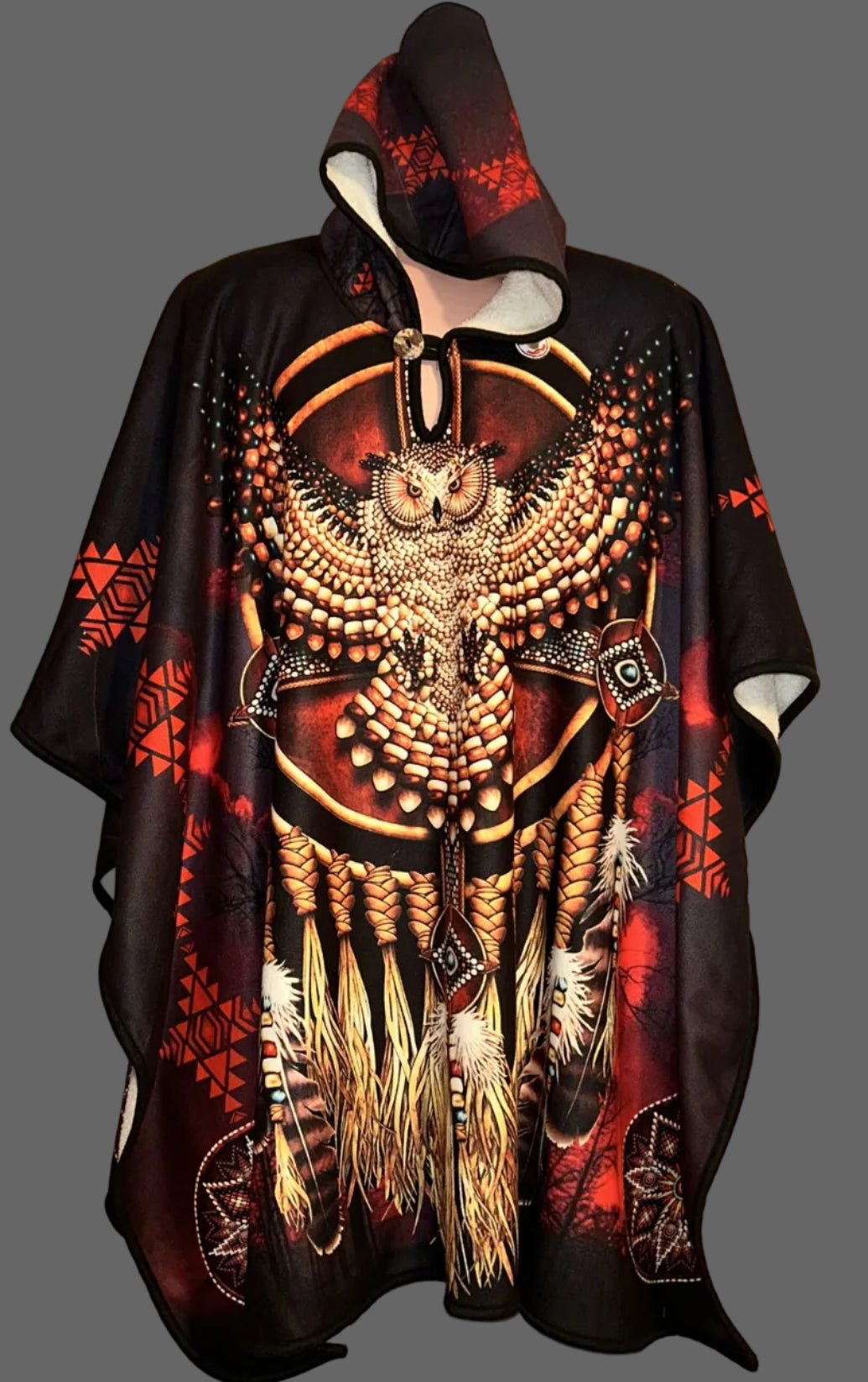 Boho Festival Wool Poncho Hoodie Handmade Sublimated Design