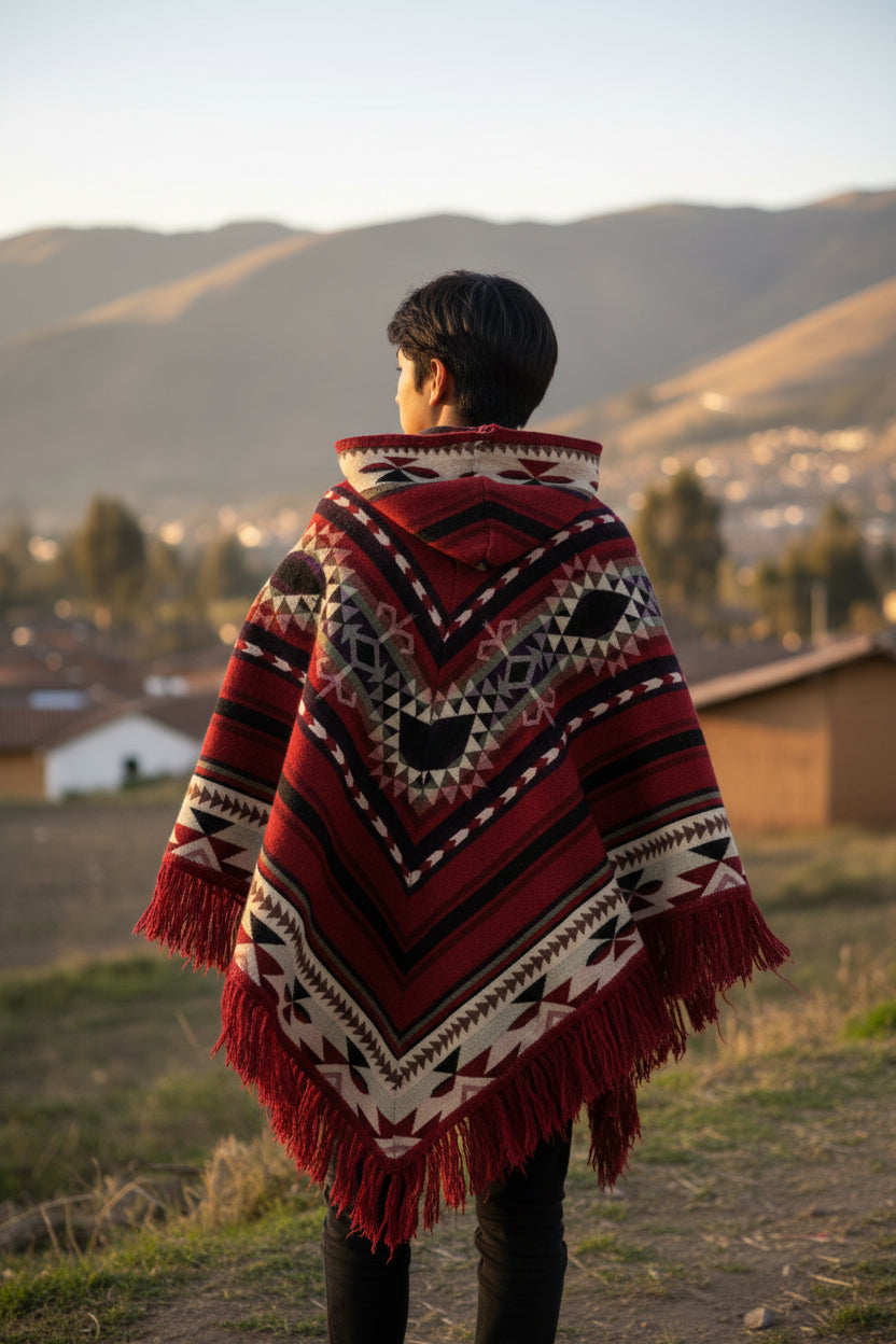Terracota Color Alpaca Corner Hooded Poncho Diamond Model