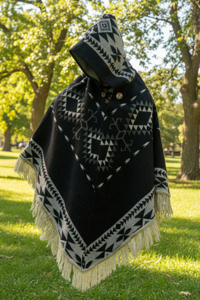 Andino Alpaca Hooded Poncho Diamond Model 50 x 42 Inches Black and Gray Color