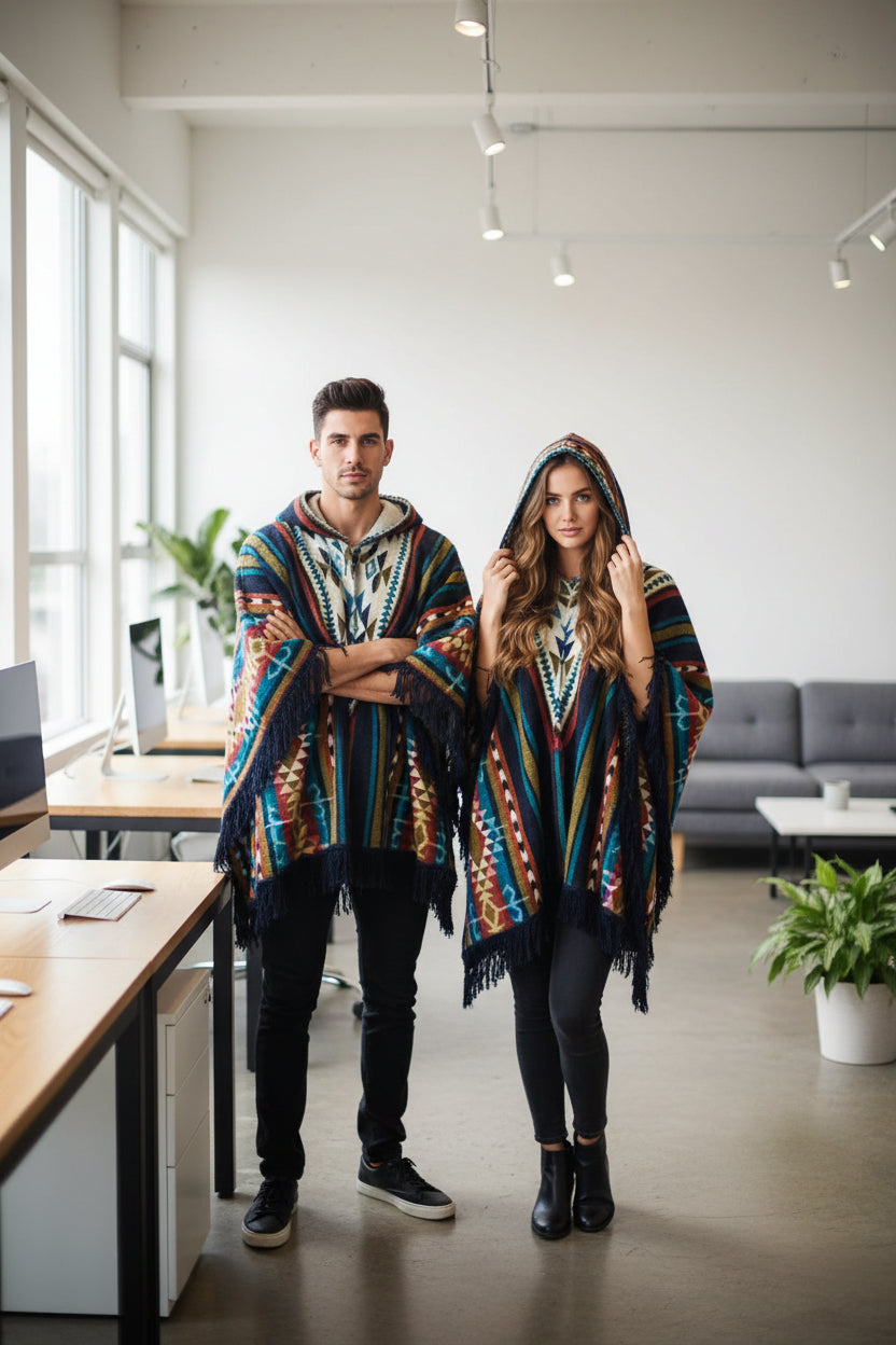 Chacana Diamond Shape Alpaca Hooded Poncho 50 x 42 Inches Multicolor
