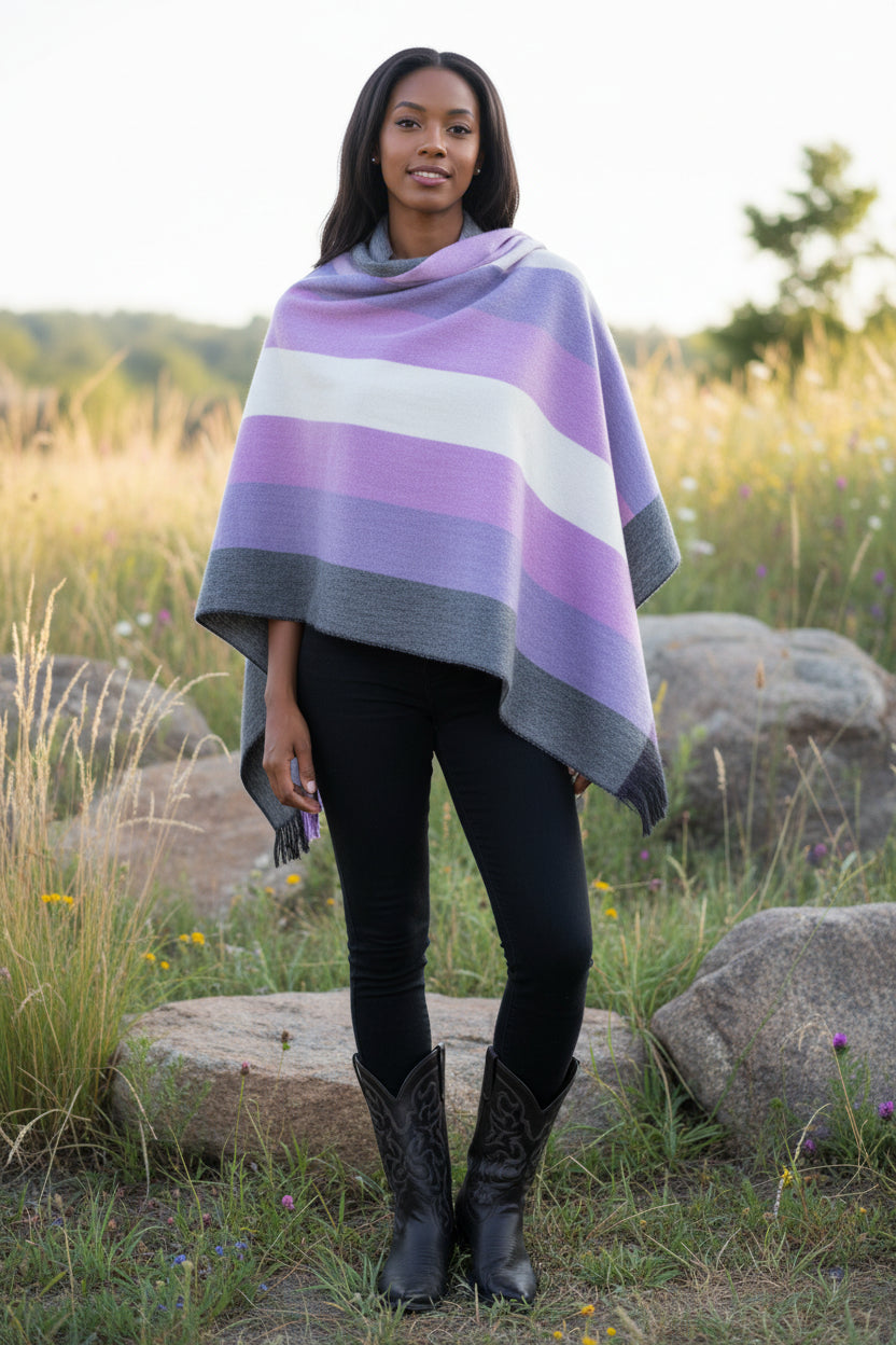 Unisex Handmade Soft Warm Andean Shawl Ecuador Purple Pastel Combination