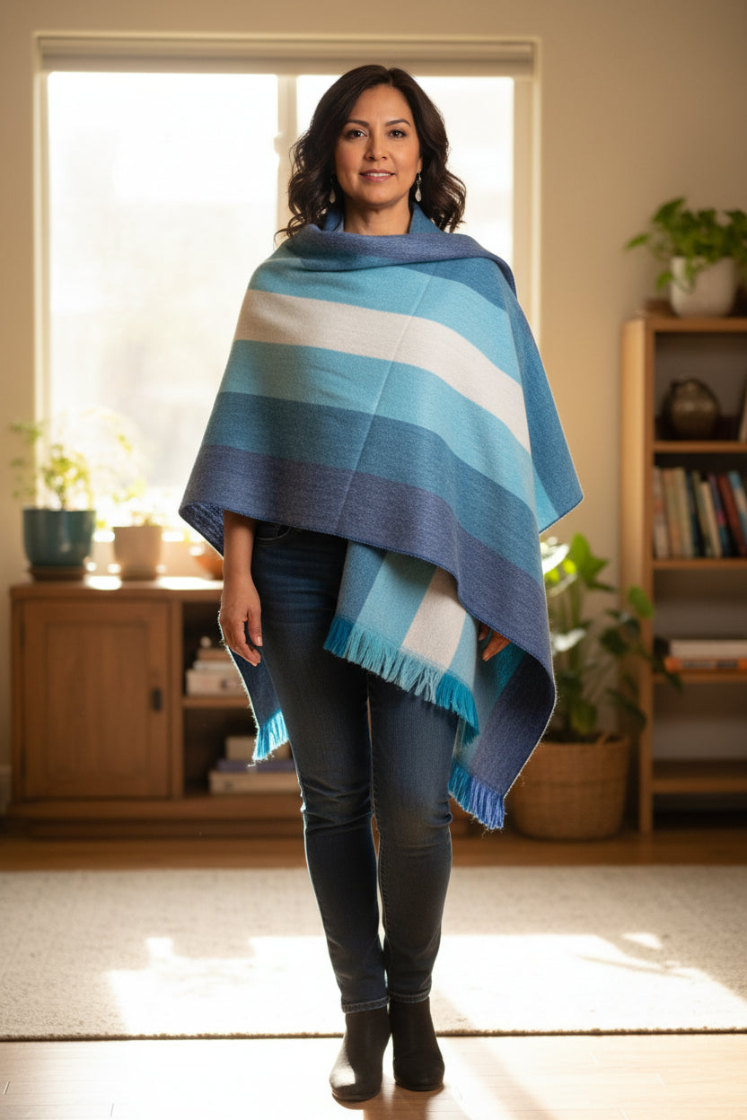 Unisex Handmade combination of blues, Soft Warm Andean Shawl Ecuador