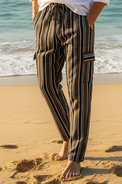 Handmade Andean Multicolor (brown, black, gray, orange) Striped Pants Unisex