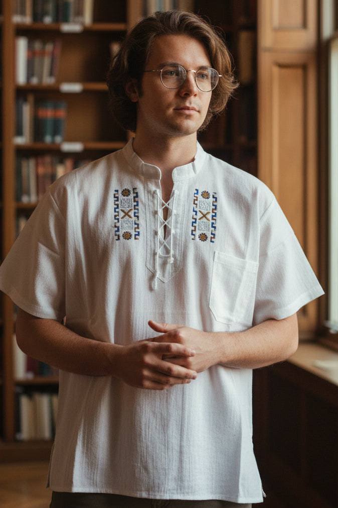 Ecuadorian Embroidered Cotton Shirt Boho Festival Style Guayabera Inspired. (x-large)
