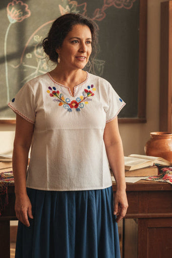Traditional Embroidered Cotton Blouse Women Handmade Ecuador (Medium)