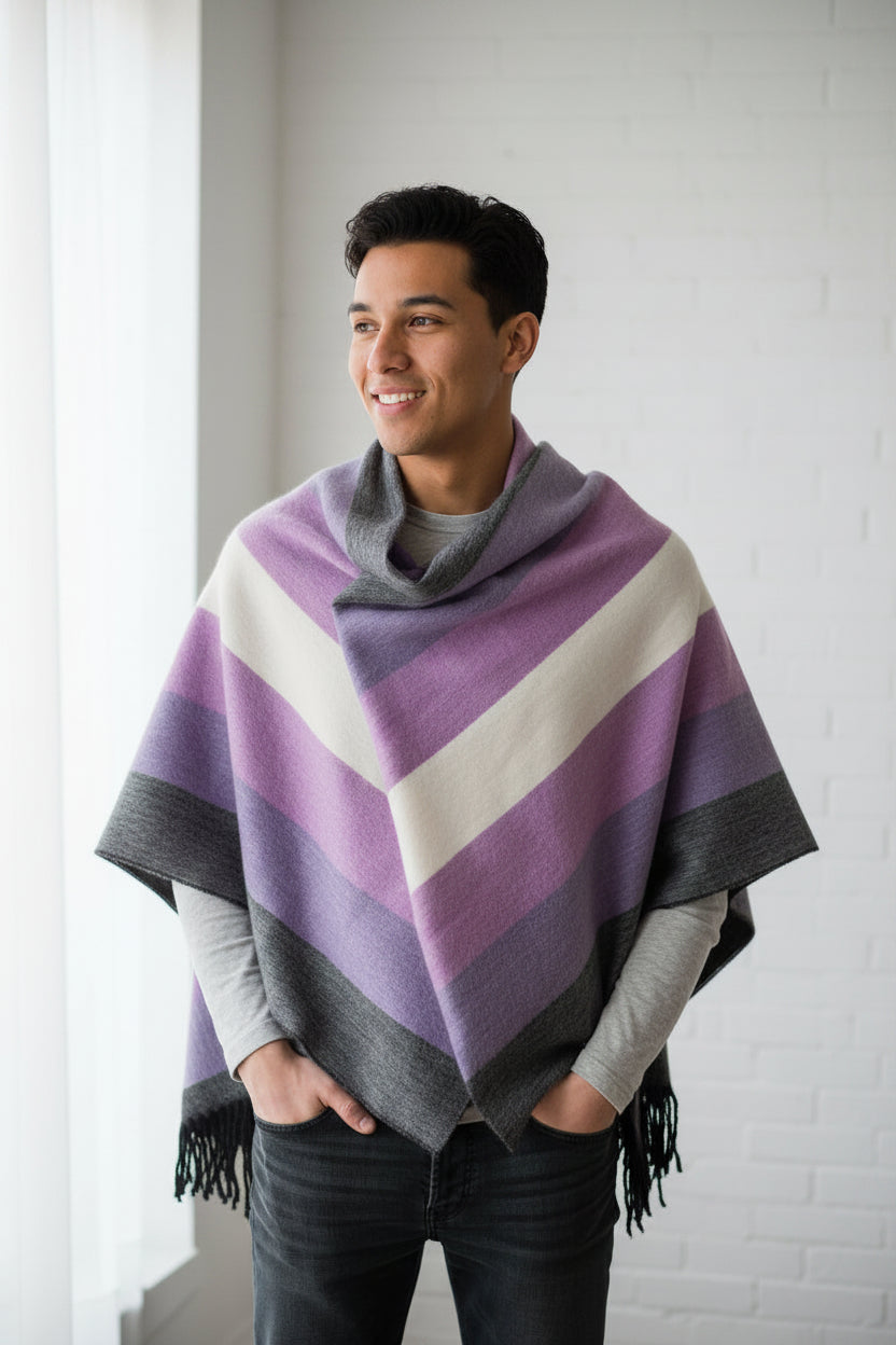 Unisex Handmade Soft Warm Andean Shawl Ecuador Purple Pastel Combination