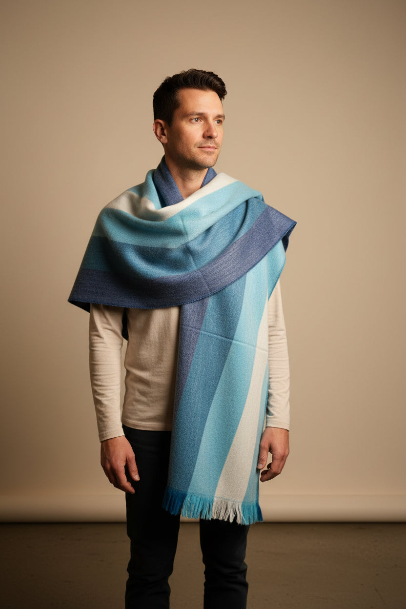 Unisex Handmade combination of blues, Soft Warm Andean Shawl Ecuador