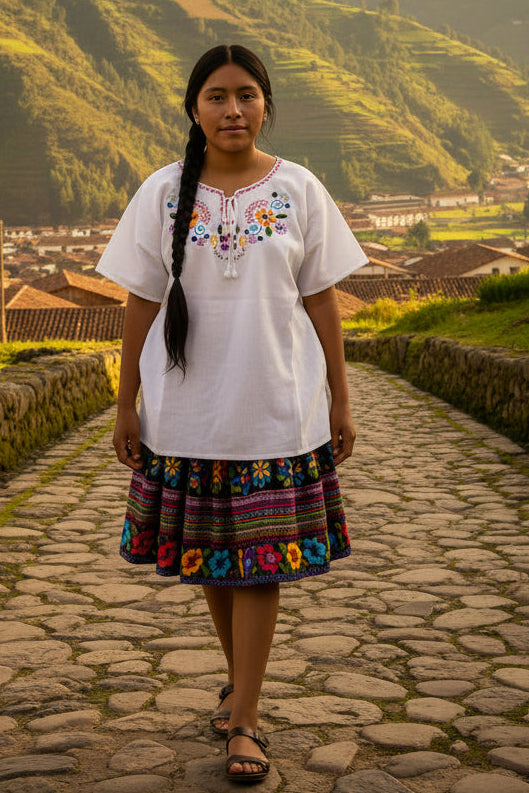 Traditional Embroidered Cotton Blouse Women Handmade Ecuador (Small)