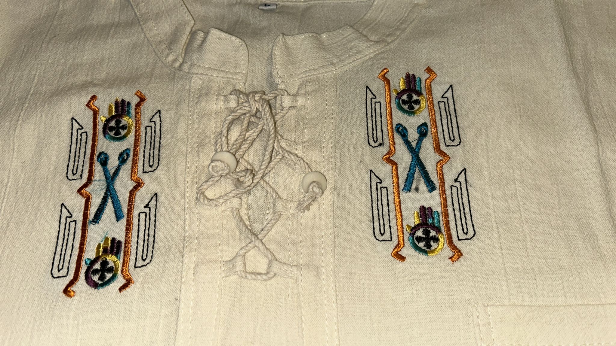 Ecuadorian Embroidered Cotton Shirt Boho Festival Style Guayabera Inspired. Beige (large)