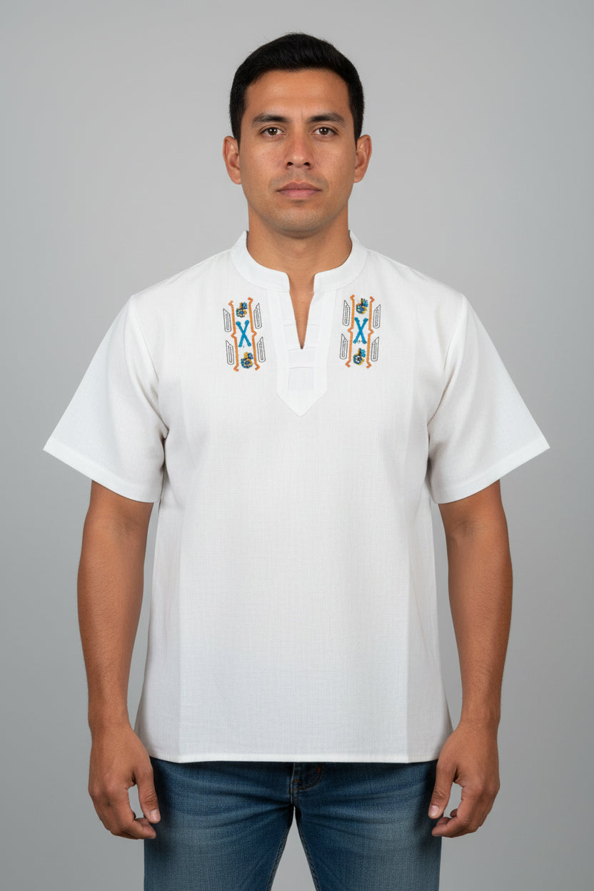Ecuadorian Embroidered Cotton Shirt Boho Festival Style Guayabera Inspired. Beige (large)