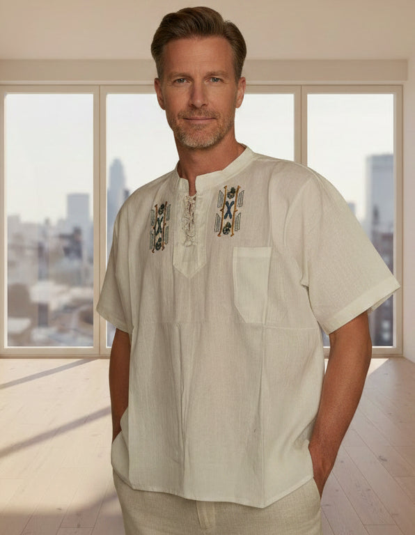 Ecuadorian Embroidered Cotton Shirt Boho Festival Style Guayabera Inspired. Beige (large)
